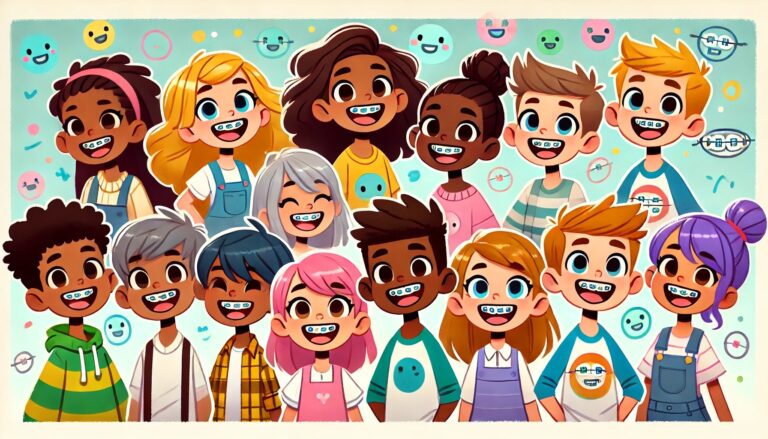 Group of cartoon kids smiling with braces, colorful